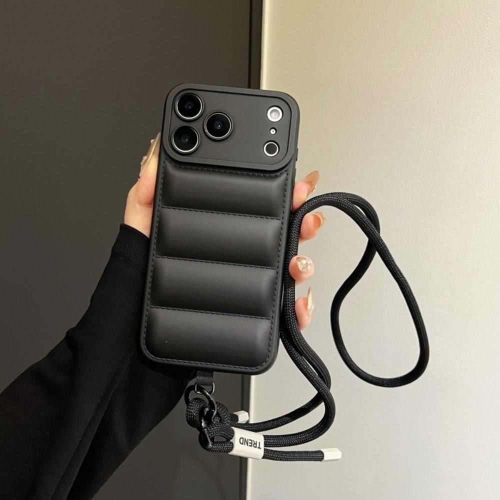 Fashion Down Jacket Lanyard Crossbody Case for iPhone 17 16 15 Pro Max 14 Plus 13 12 11 Air X Xr Xs Long Strap Solid Color Cover