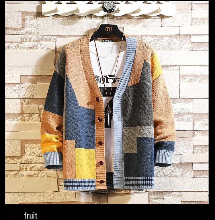Men's V-Neck Knitted Cardigan Sweater - Autumn/Winter Fashion, Loose-Fit, Long-Sleeved, Stylish Stitch Design.