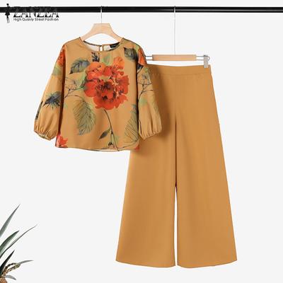 Floral Print Blouse and Pants Casual Two Piece Suit Set