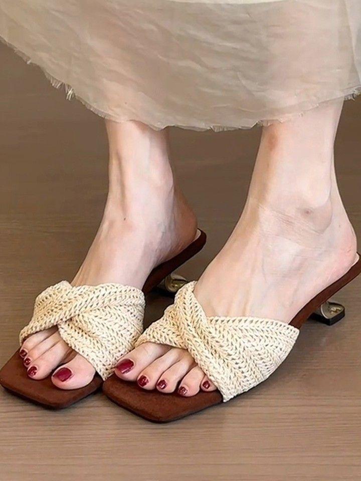 Mode nisch vävd mjuk botten romersk stil en-rem högklackade svala tofflor koreansk version mode