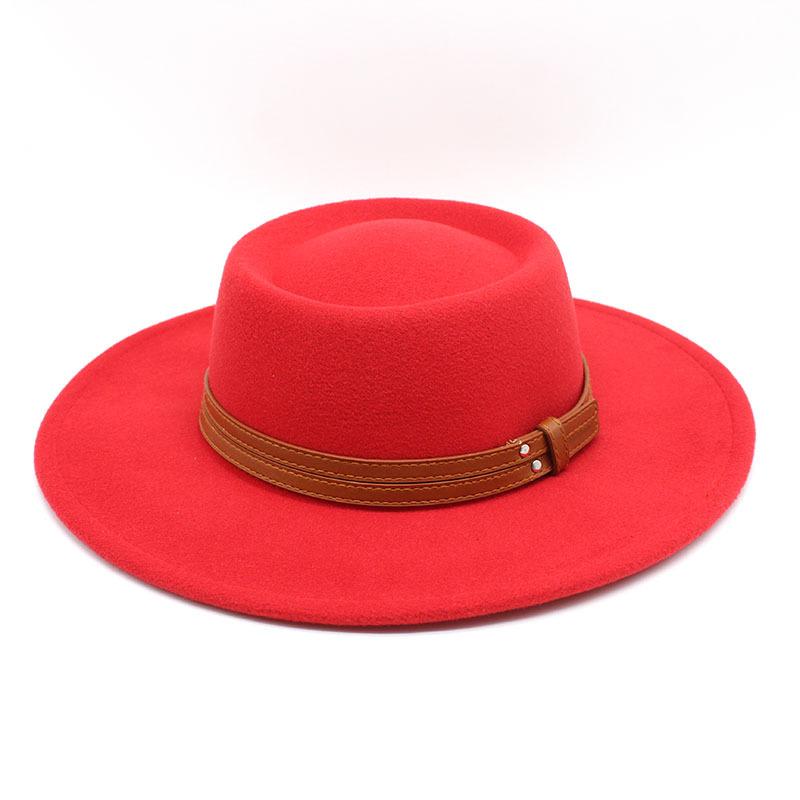 French Double Belt Buckle White Woolen Hat Flat Top Top Hat Female British Retro Style Wide Brim Felt Hat