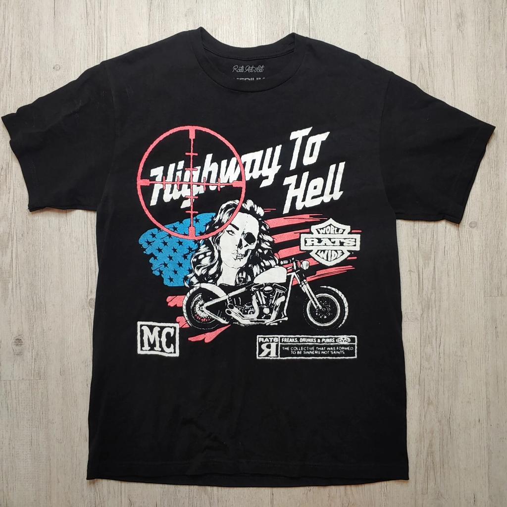 Rats Get Fat Men's Highway to Hell T Shirt Size M Biker Skull Vintage 90s Black