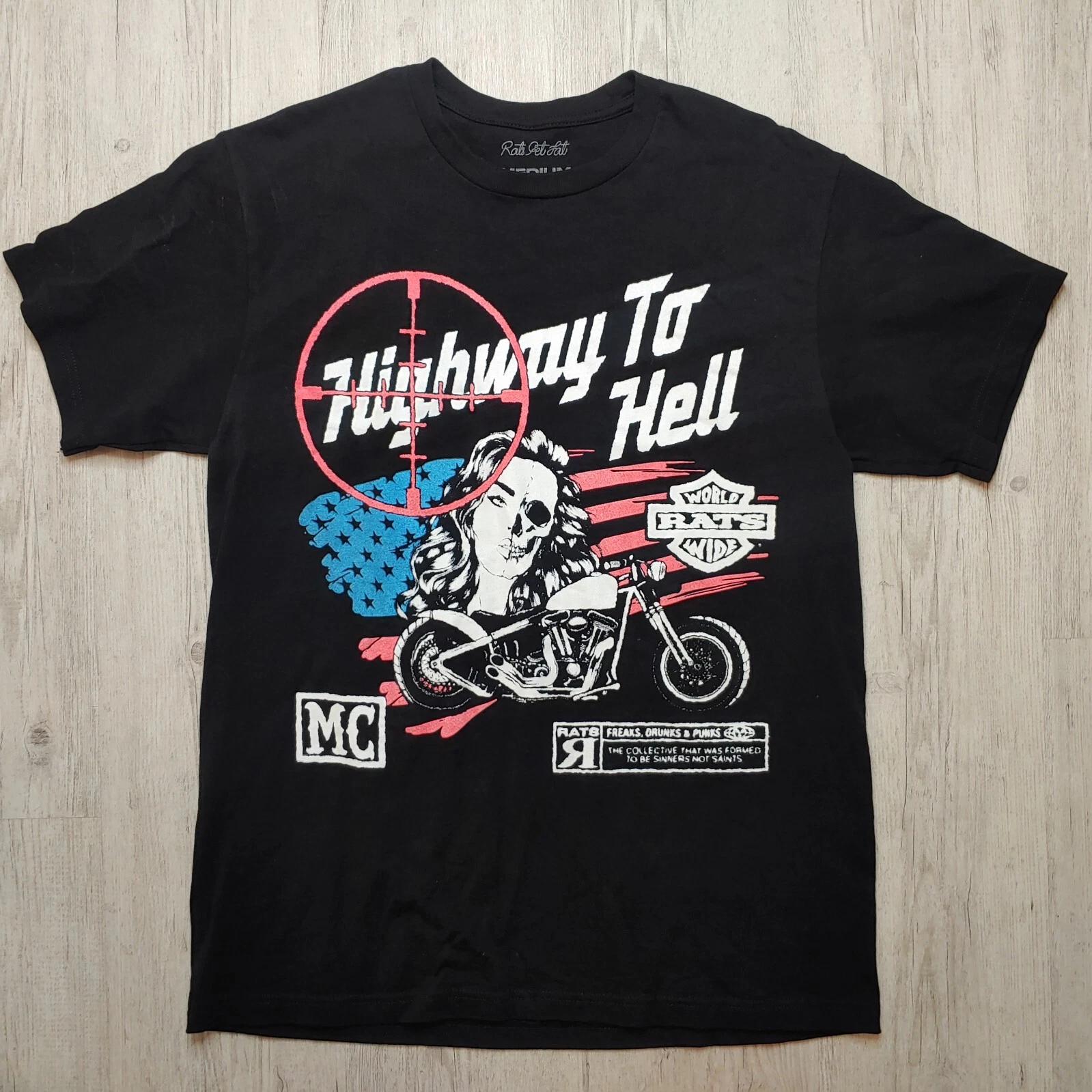 Rats Get Fat Men s Highway to Hell 100% Cotton T-shirt Mens Tees Top Size M Biker Skull Vintage 90s Black 4XL