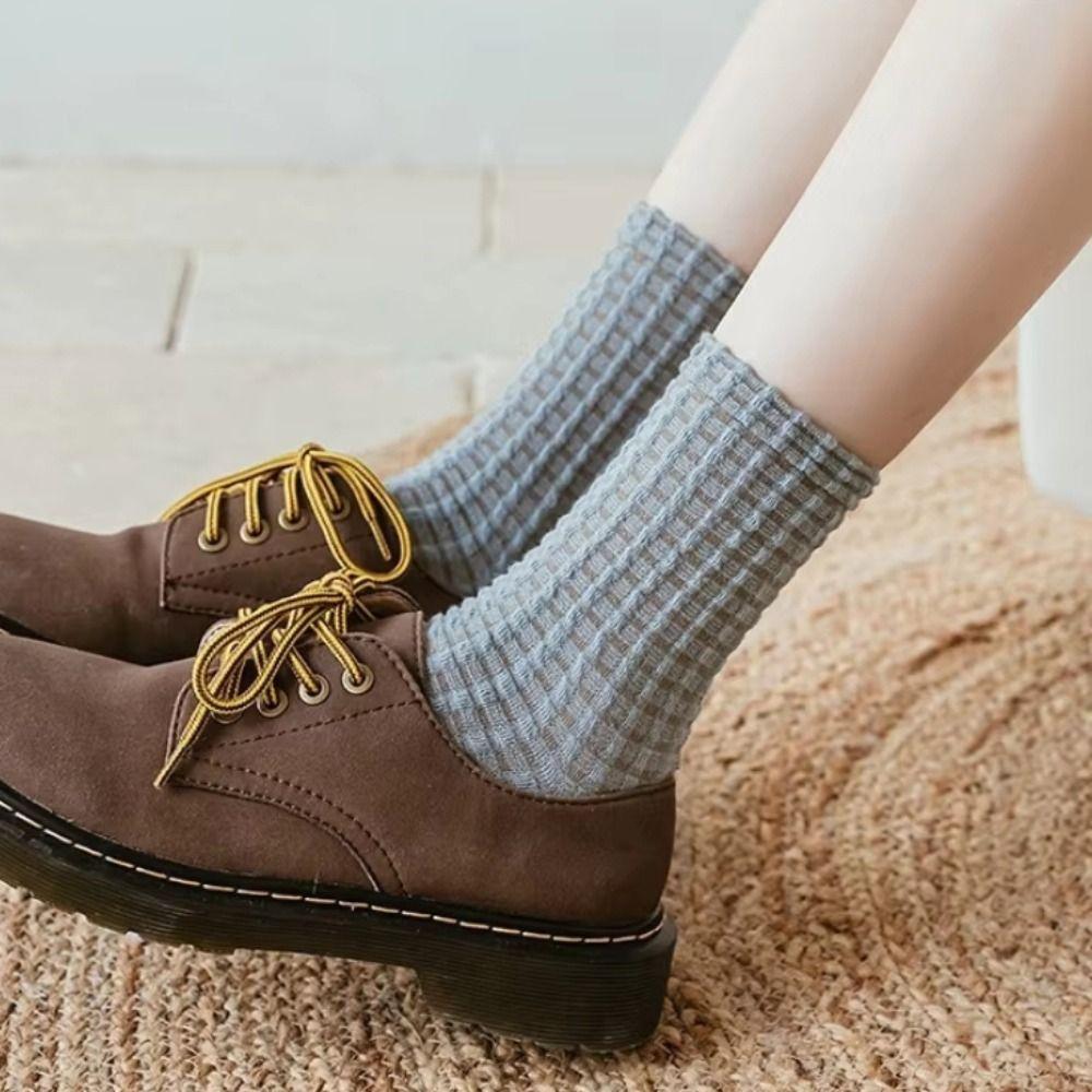 5 Pairs Knit Pattern Crew Socks Mid Calf Comfortable Daily Socks Cotton Socks Daily Casual