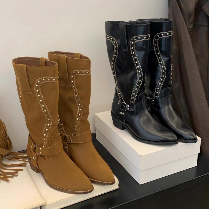 Rivet Retro Western Cowboy Boots Women Designer High Long Boots Ladies Fashion Chunky Heel Autumn Winter Boots Women Botas Mujer