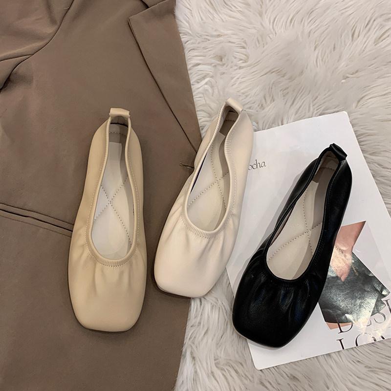 Women Soft Leather Ballet Flats Comfortable Square Toe Slip Shoes Street Style Ladies Casual Daily Wear Dress Loafers Shoes