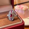 Foydjew Vintage Edward Artdeco Design Two-color Gold Rings Inlaid Simulation Pigeon Blood Red Ruby Red Corundum Ring for Women