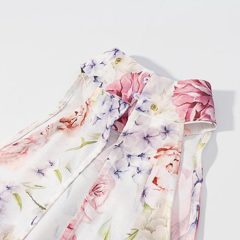 Kaslead New Women Clothes Western Style Hanging Neck Sleeveless Short Jacket Floral Skirt Two-piece Set