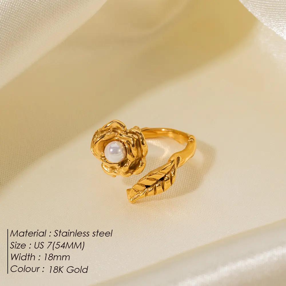 eManco Delicate Fashion Camellia Women's Open Ring Pearl Stamen  New Trend Leaf Texture Fashion Finger Jewelry