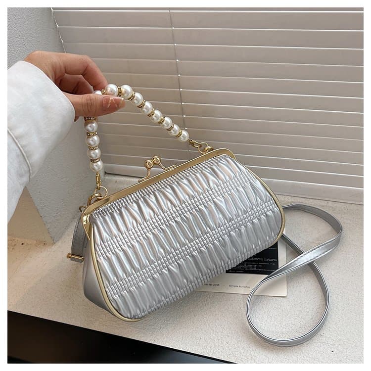 Folded mouth gold bag women's light luxury pearl handbag