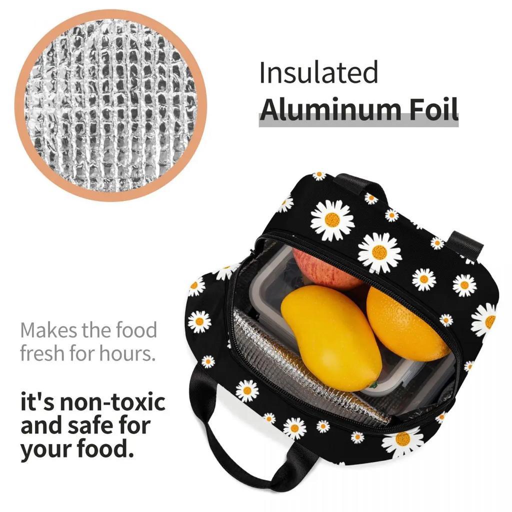 Custom Daisy Floral Lunch Bag Women Cooler Thermal Insulated Daisies Flower Lunch Box for Kids School Work Picnic Food Tote Bags