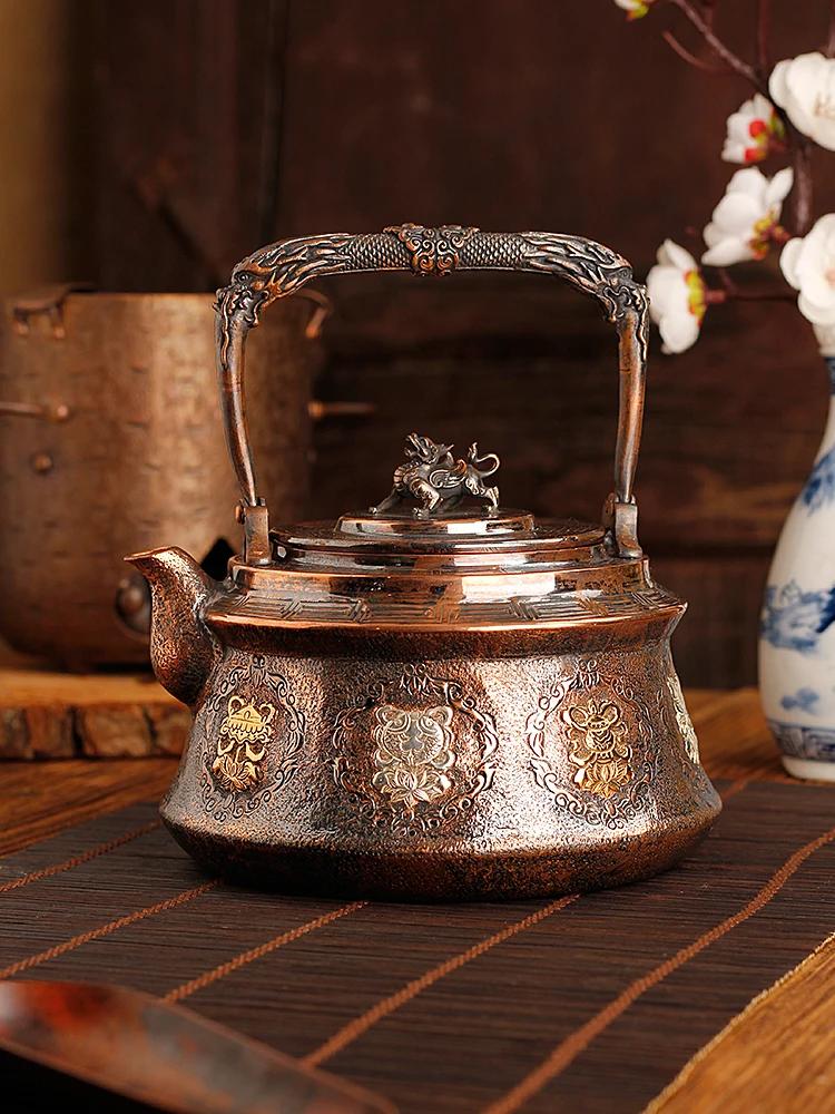Ceainic Handmade Opt Comori Cupru Pur Seiko Sculptură Aurit Apă Clocotită Îngroșat Gospodărie Chinezesc Retro Ornament de Birou