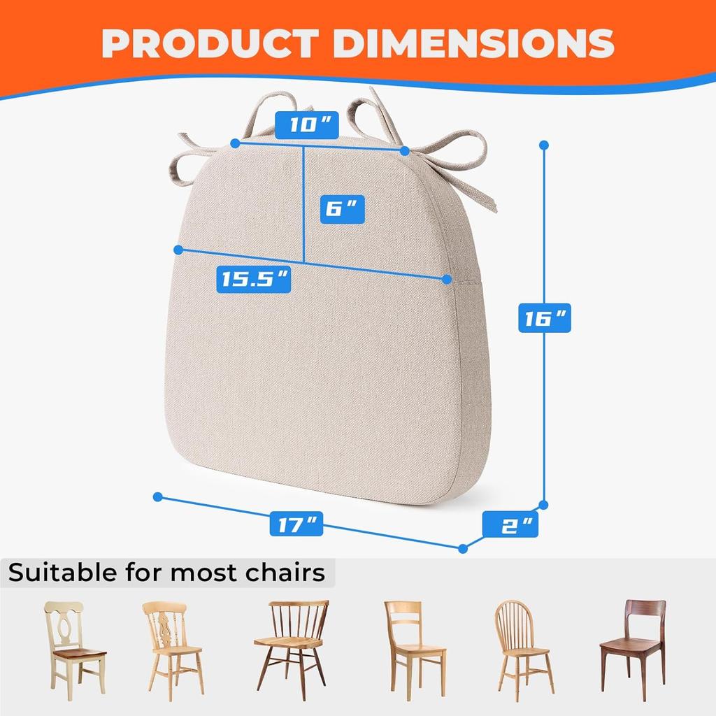 ComfortSeat D Shaped Dining Chair Pads with Washable Covers Non Slip Ties for Kitchen Chairs