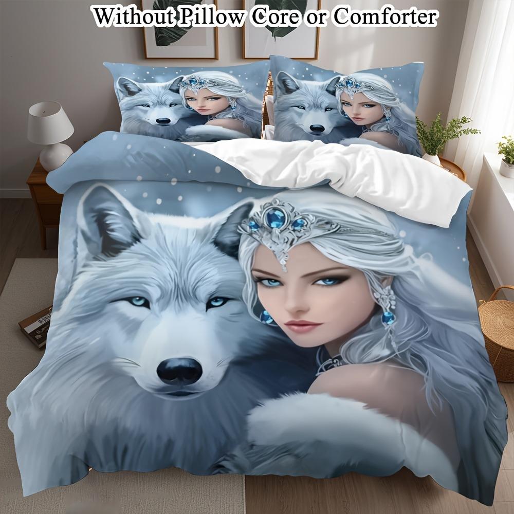 

Beauty And Wolf Bedding Set Soft Polyester Duvet Cover Set Quilt Cover With Pillowcase For Bedroom Decor Birthday Gift For Girls EU Single135x200cm
