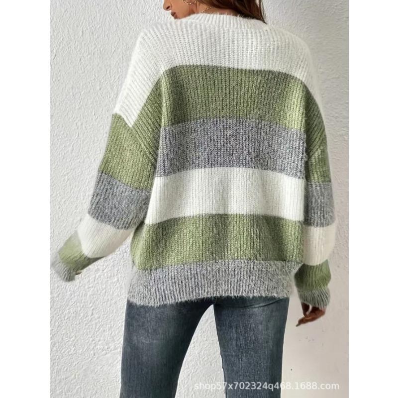 Pull Tricoté Casual Rayé Lâche Col Rond Manches Longues Style Français pour Femme