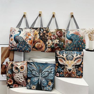 Bestickte Tragetasche für Damen Ästhetische Canvas-Umhängetasche mit Tasche Wiederverwendbare Tragetasche für Arbeit Einkaufen Damen Große Häkel-Strandtasche Hobo-Tasche