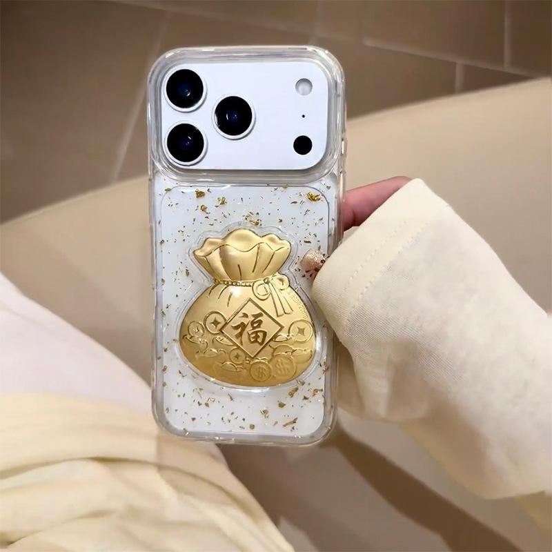 Gold Foil Three-dimensional Lucky Bag Mobile Phone Case New Year Model for IPhone16promax Transparent National Trend for Apple 17Air
