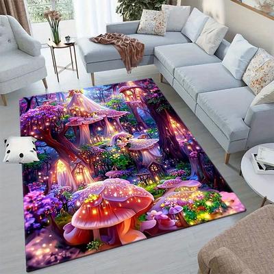 Enchanted Forest Mushroom Design Non-Slip Polyester Area Rug - Durable & Machine Washable Decorative Carpet Mat for Living Room,