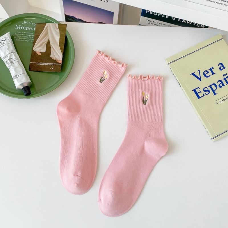 Spring and Autumn Socks, Women's Embroidered Tulip Mid-calf Socks, Sweat-absorbing Cream Black Fungus Edge Lace Long Calf Socks