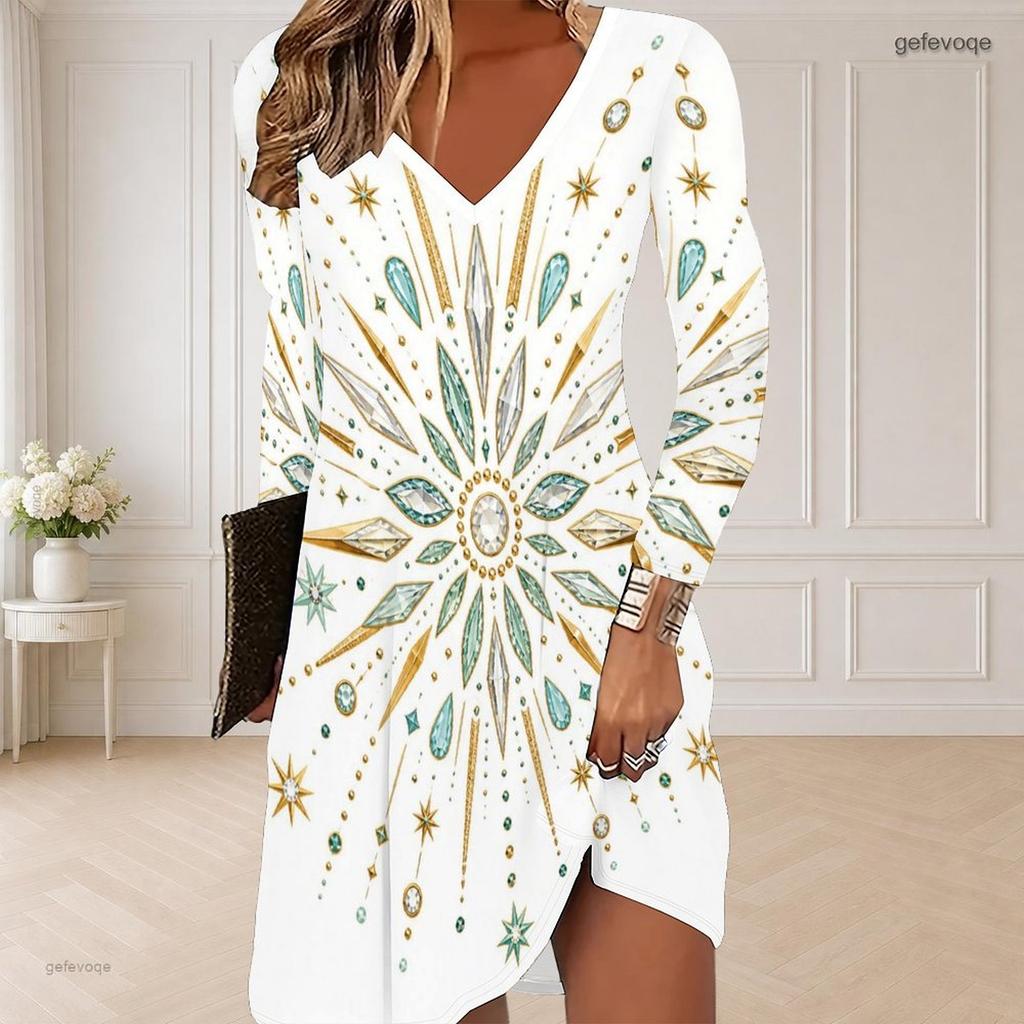 Women Plus Size V Neck Long Sleeve Black Floral Printed Curved Hem Dress
