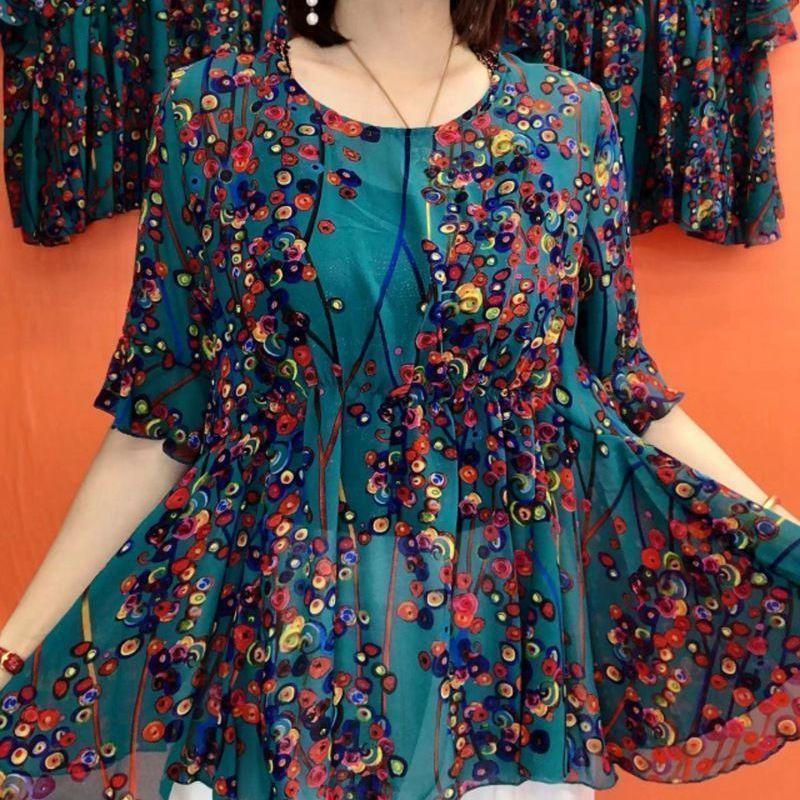 Vintage Printed Blouse Summer Thin Broken Flowers Loose Waist Casual O-Neck Commute Half Sleeve Shirt