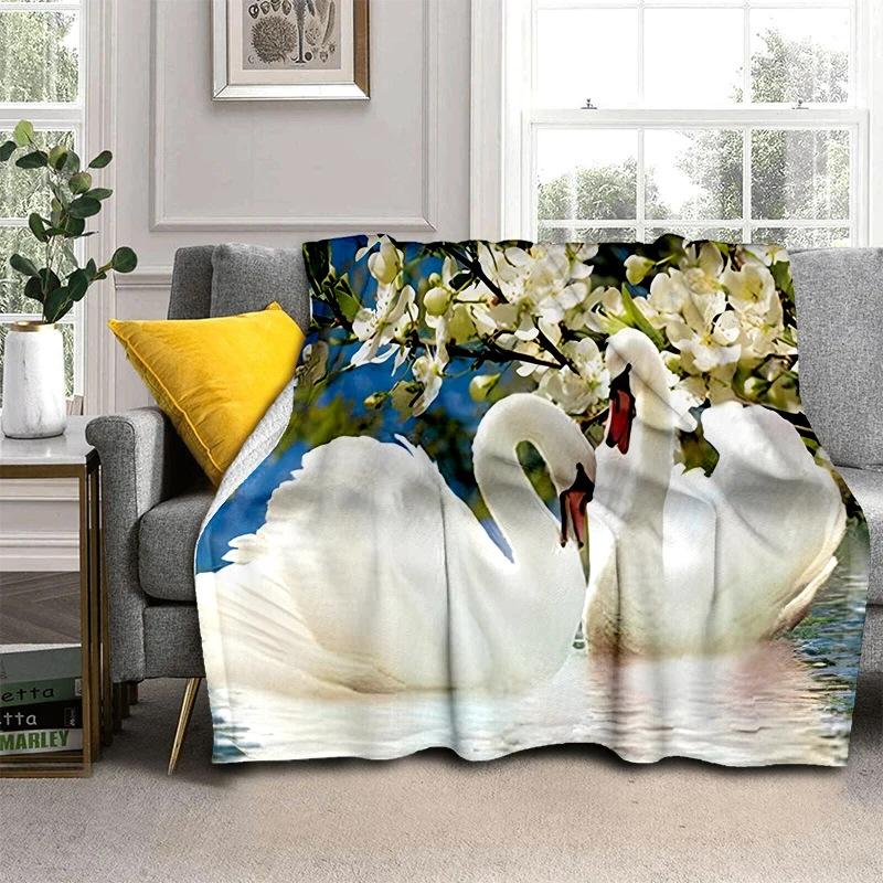 Romantic Swan Themed Blanket Couple Soft Flannel Blanket Holiday Gifts Air Travel Blanket