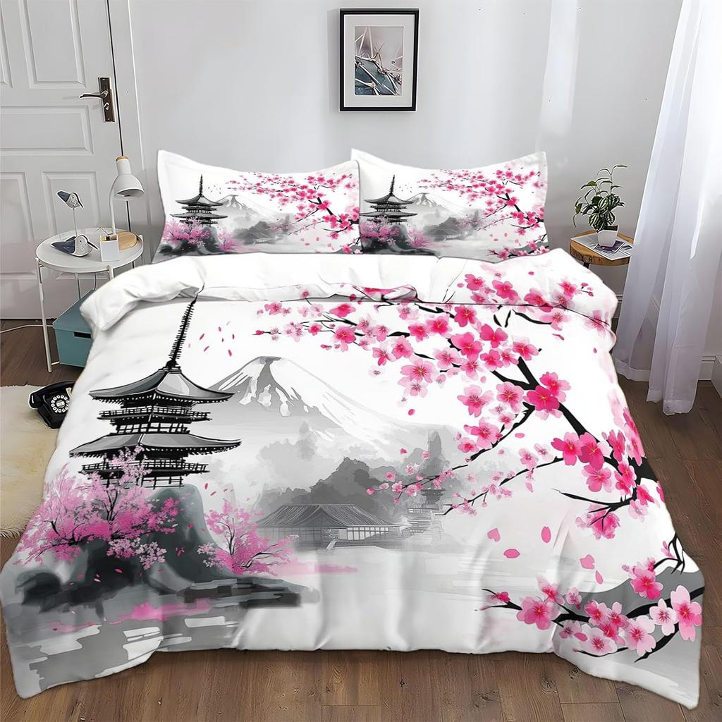 Copripiumino Matrimoniale 3D Fiore di Ciliegio, Set Biancheria da Letto a Tema Giapponese Fiori di Ciliegio, Set Copripiumino e Federe in Microfibra 50x75cm