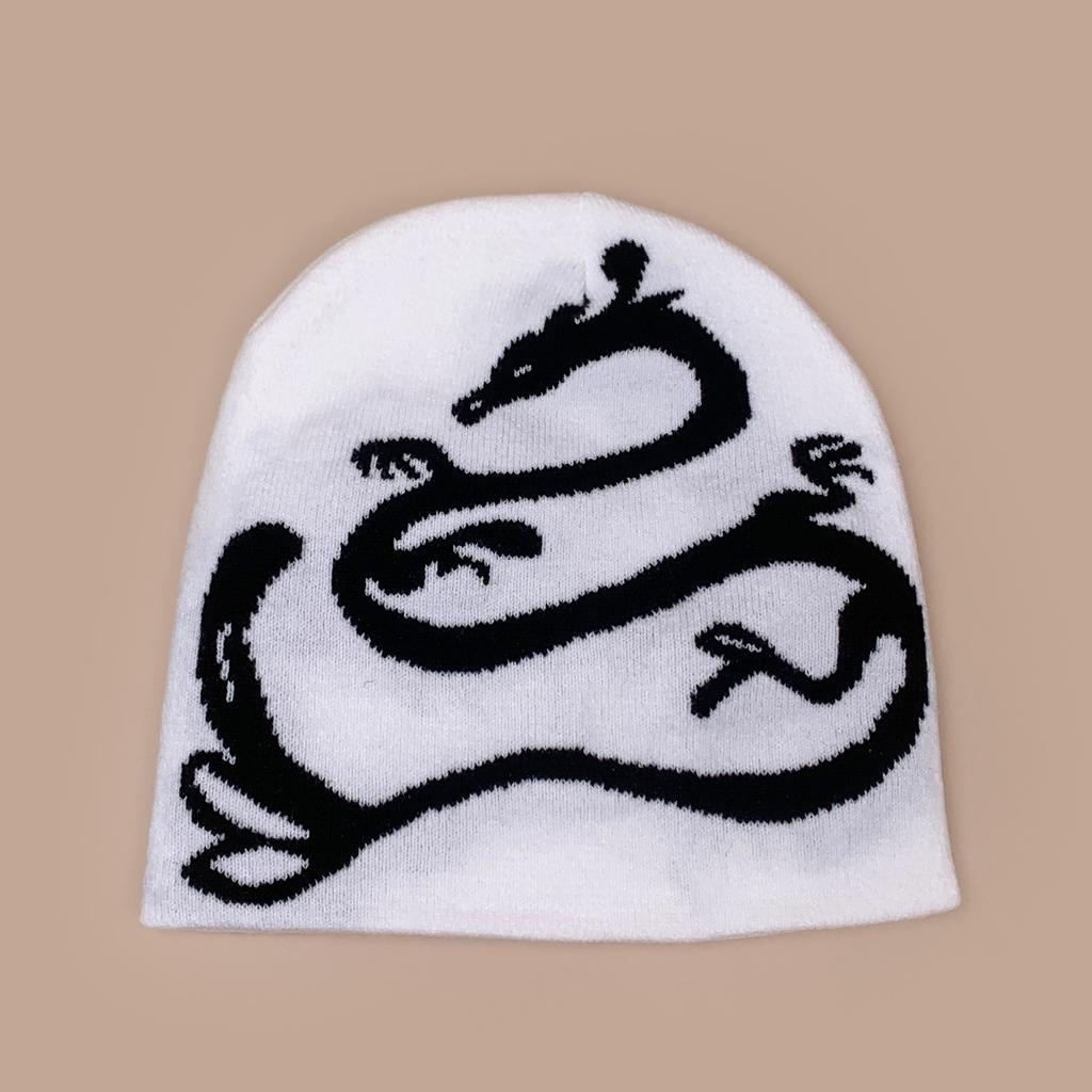 Autumn and winter retro contrasting color dragon jacquard knitted hat men and women warm personality street outdoor hip hop pullover hat