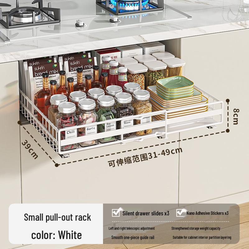 

Висувна кухонна полиця для зберігання: Висувна шухляда без свердління для каструль, спецій, мисок, тарілок та організації простору під раковиною.