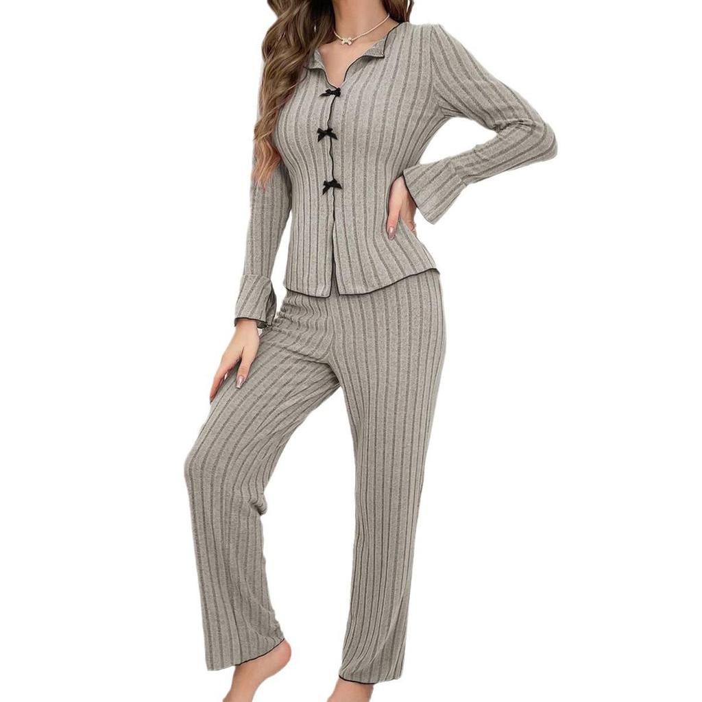 European & American Bow Lapel Pajama Set - Long Sleeve & Pants Casual Women's Homewear