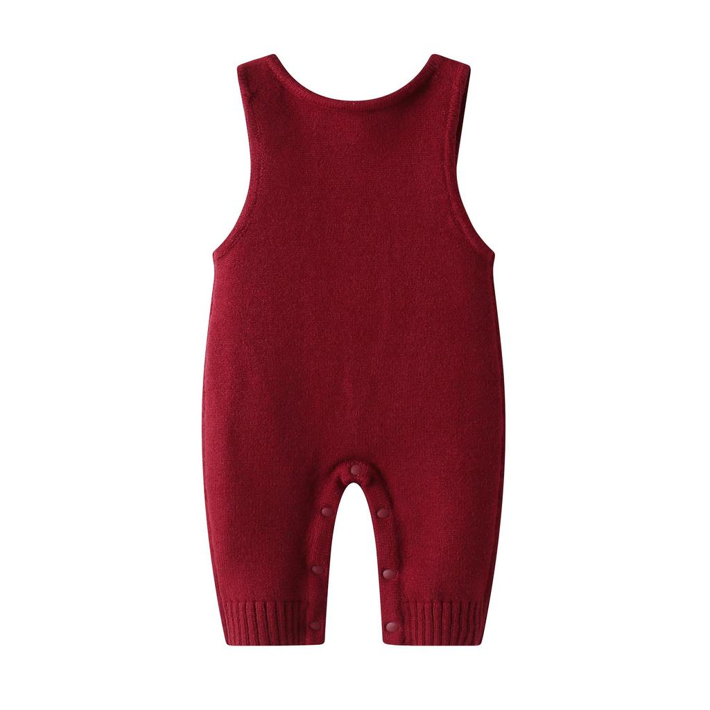 Neuer grenzüberschreitender Weihnachtsbaum Strick Baby Jumpsuit - Weinrot Wolle Doppelknopf Overall