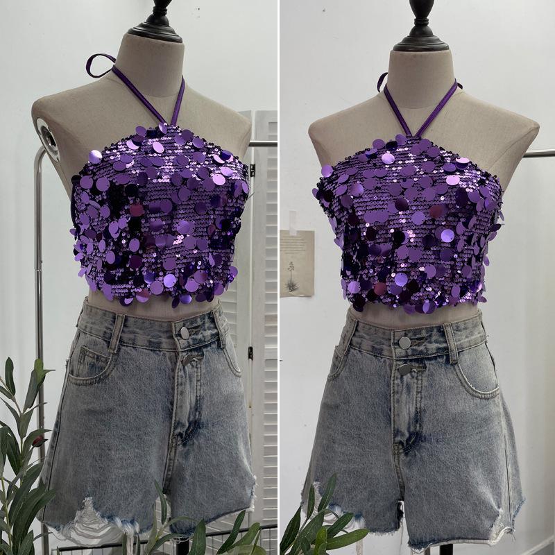 Halter Crop Top with Sequins and Open Back (Style 1083)