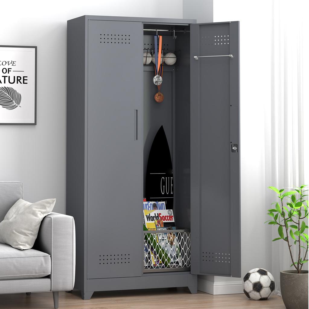 Broom Storage Cabinet With Locking Doors And Shelves, 65" H Metal Storage Cabinet With Hanging Rod & S-Hooks, Cleaning Tool Storage Cabinet