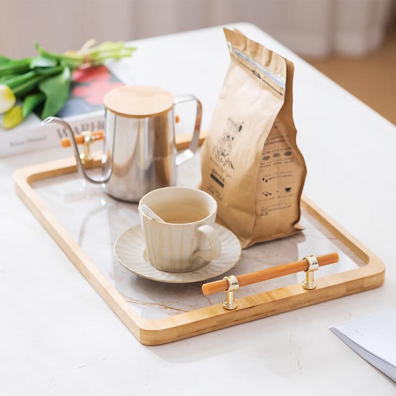 ZISIZ Bamboo Tea Tray with Stone Plastic Base
