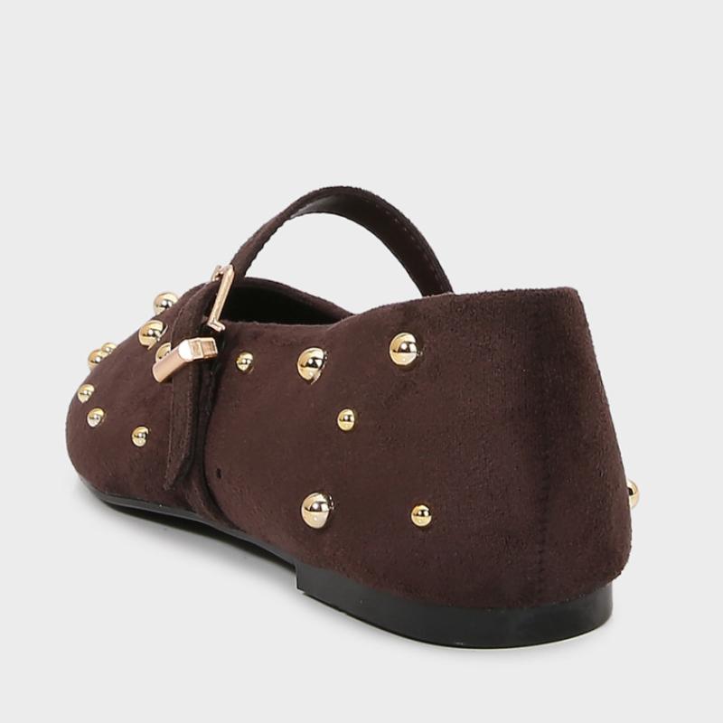 Round Toe Rivets Women Mary Jane Shoes Brown Faux Suede Metal Belt Non-slip Soft Sole Retron Design  Spring Ladies Flats