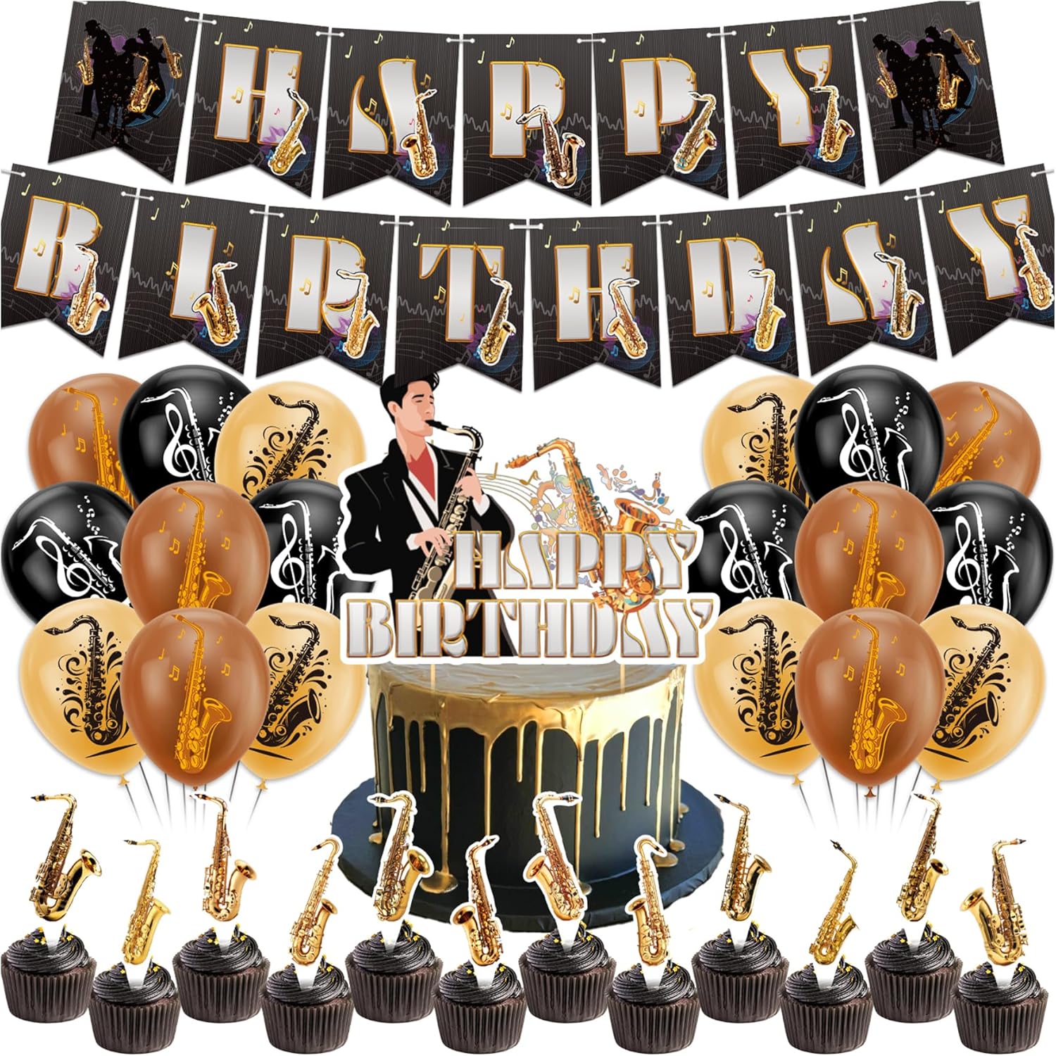Saxophone Birthday Party Decorations Saxophone Party Supplies Includes Birthday Banner Cake Cupcake Toppers Balloons for Music Saxophone Birthday