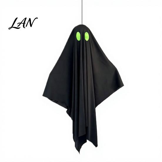 Halloween Party Supplies Hanging Ghost Outdoor Decoration, Spooky Black Fabric with Green Accents Eyes for Outside Tree, Porch, Yard, Lawn,