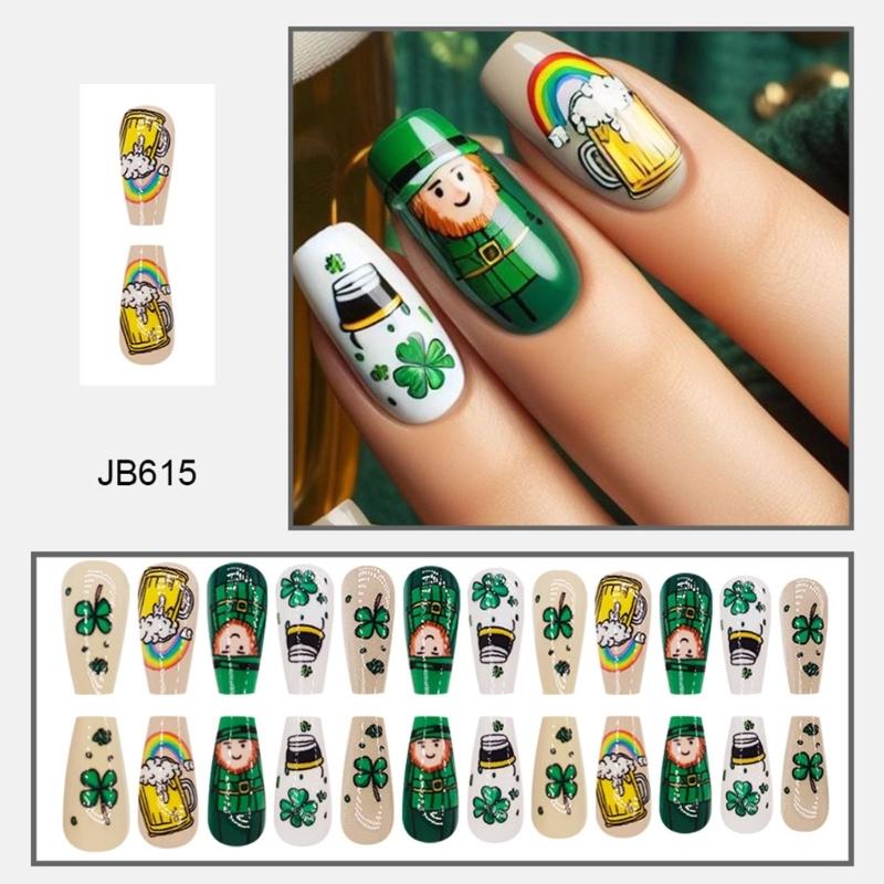 24 Pcs Saint Patricks Day Press On Nail Glossy False Nail Shamrocks Acrylic Nail Medium Ballerinas Stick on Nail