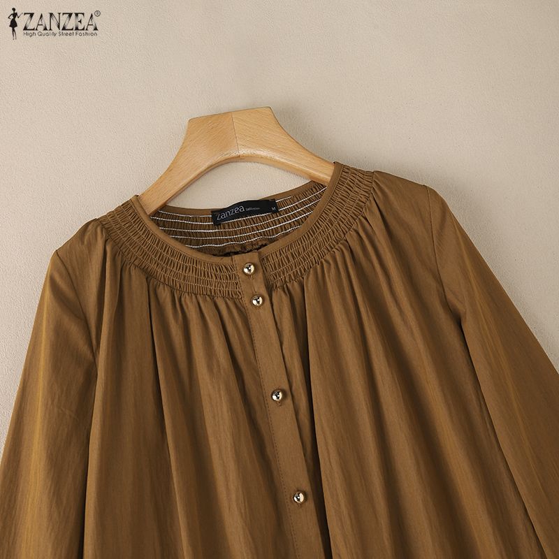 ZANZEA Women Casual Round Neck Solid Color Long Sleeve Blouse