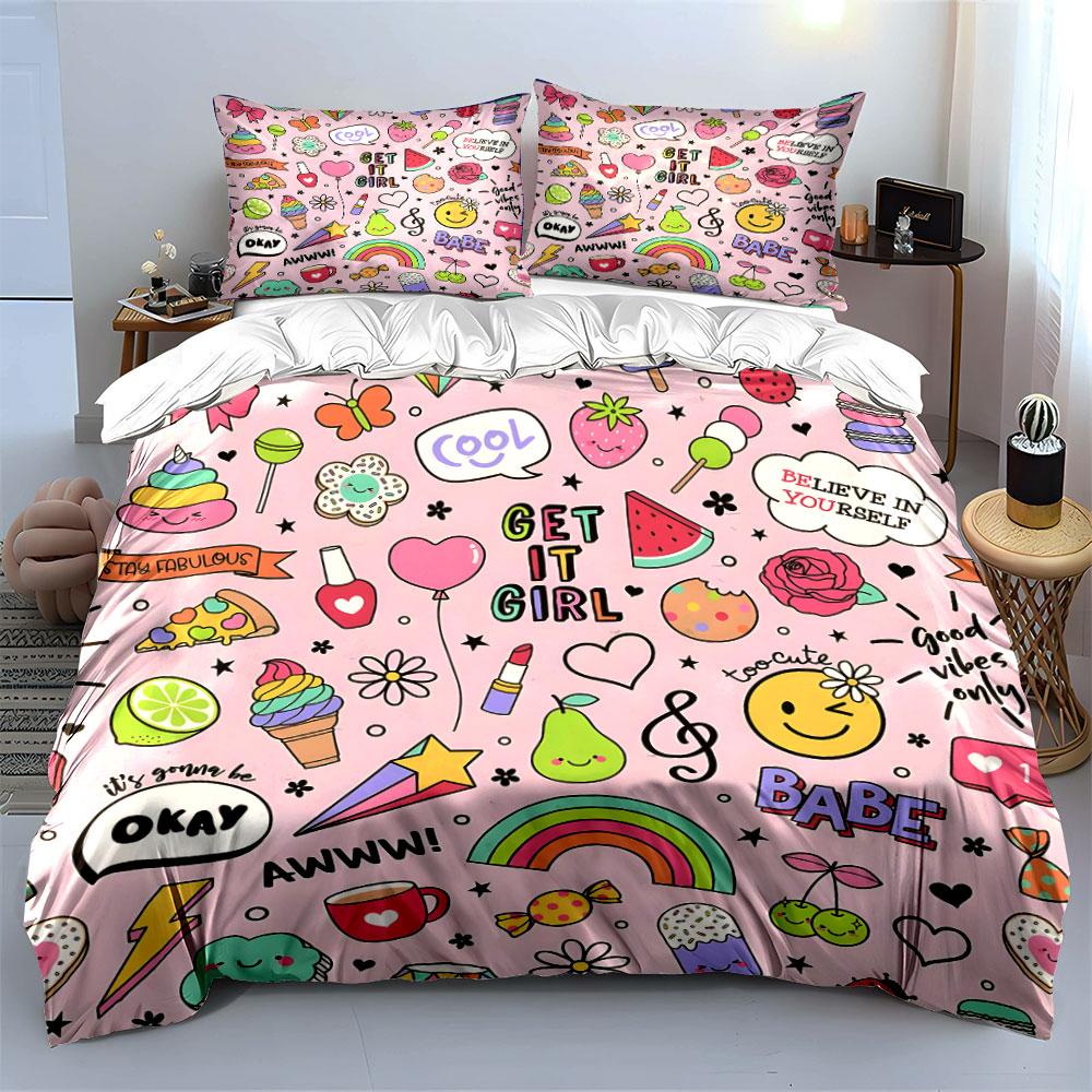Fun Pink Doodles Pattern Bedding Duvet Cover Set (1*Duvet Cover 2*Pillowcases, Without Duvet Insert)