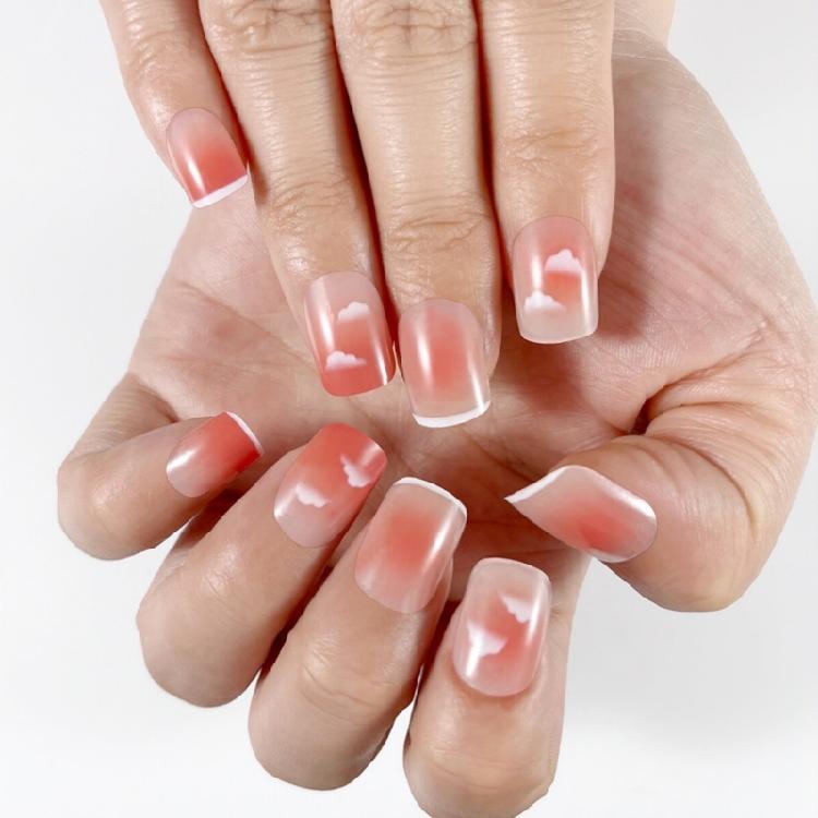 

24 Pcs Gradient Press On Nail Short Square False Nail Lovely Cloud Stick On Nail White French Tip Artificial Nail 1