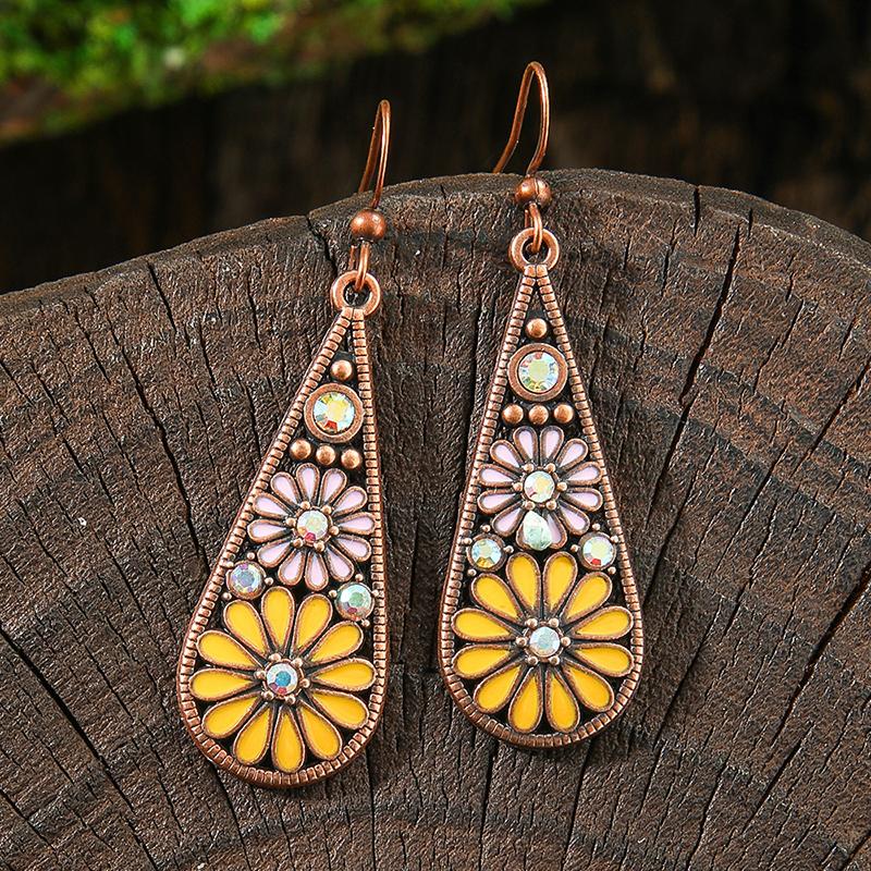 Orecchini Smaltati Colorati Etnici Retrò Bohemien da Donna Boho Fiore Vuoto Geometrico Rotondo Vintage Pendenti Gioielli Regalo