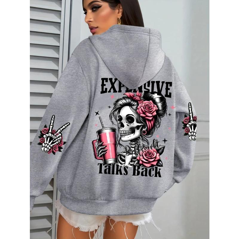 Felpa con cappuccio casual larga da donna, top stampato street fashion