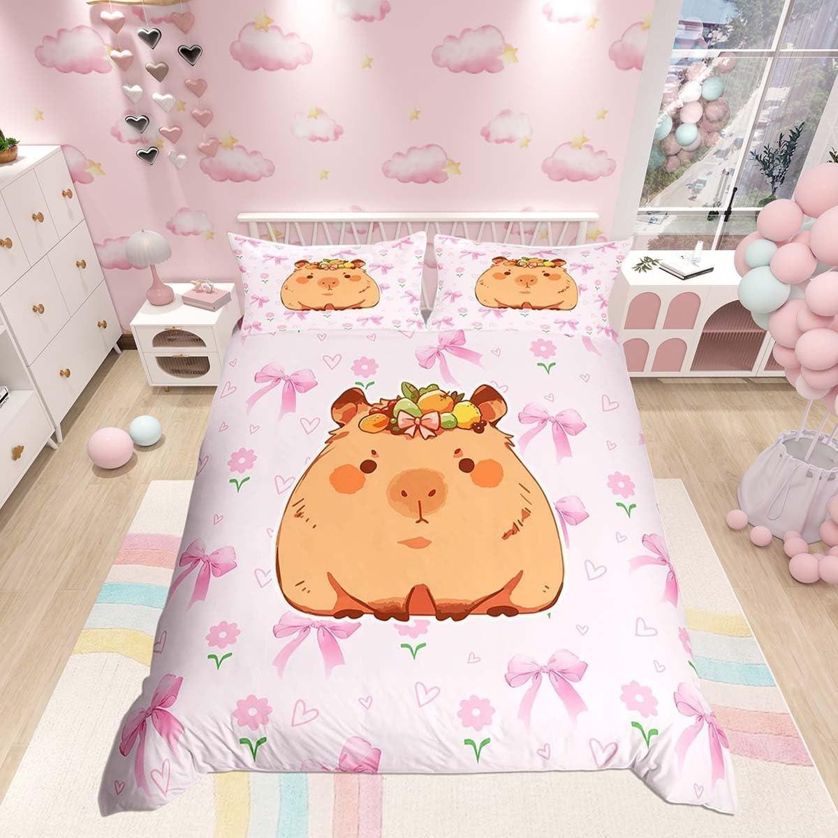 Joli Ensemble de Literie Imprimé Capybara Rose Nœud Fleur Cœur Housse de Couette Kawaii Dessin Animé Animal Housse de Couette Taies d'Oreiller 140x210cm