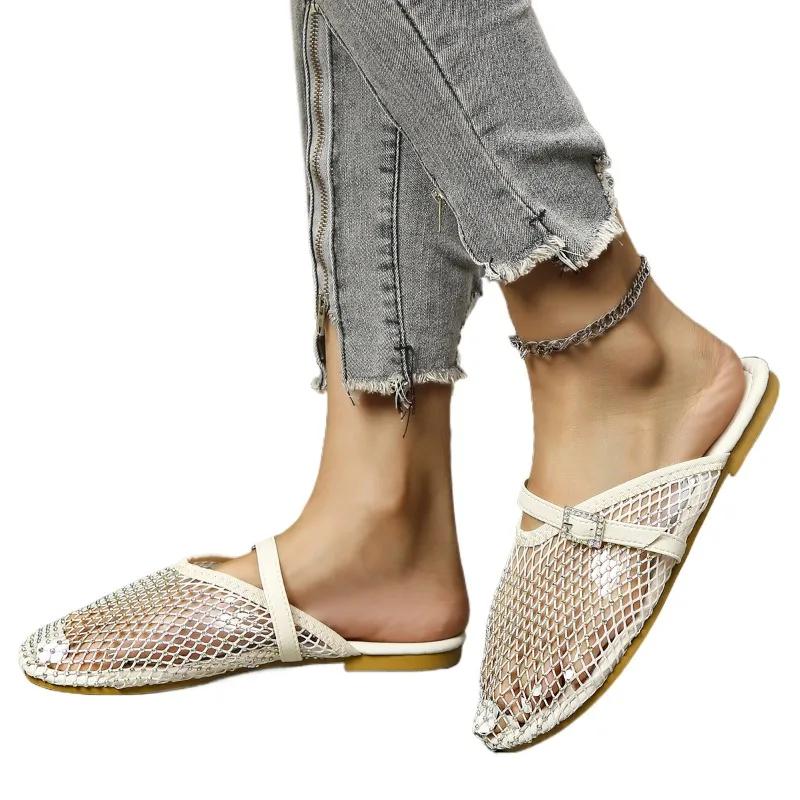 

Мода 2024 года, горячая распродажа женской обуви, летние женские тапочки с круглым носком, сплошная пряжка, украшение, сетка, дышащие тапочки на низком каблуке 40 бежевый