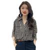 Korean-Style Rhinestone V-Neck Striped T-Shirt, Women's 2025 Summer Three-Quarter Sleeve, Slimming, Mature Design