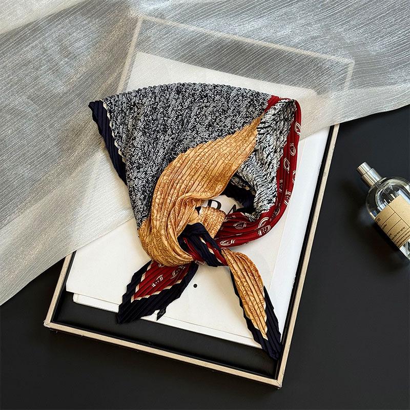 Wrinkled square scarf women's new imitation silk printing silk scarf high-end headscarf headband pleated small scarf shawl