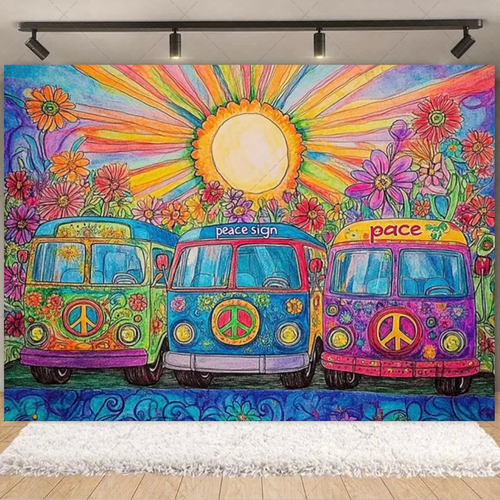 Stile Bohémien Colorato Hippie Bus Tema Sfondo per Compleanno Pace E Amore Decorazioni per Feste Stampa Tie Dye Sfondo in Vinile Regali