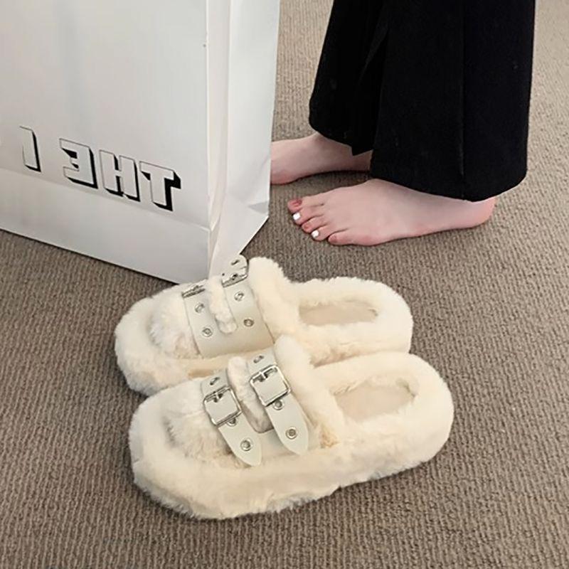 Fashion Fluffy Slippers Women Cute House Slippers Fluffy Slides Warm Slippers Healing Wool Slippers at Home Daily Thick-soled Plush Shoe