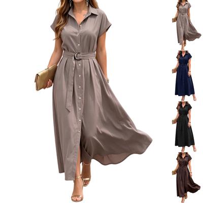 Vestido Camisa de Mujer Manga Corta Botones Arriba Vestido Largo con Cuello Corbata en la Cintura y Dobladillo Acampanado Casual Holgado Vestido de Verano